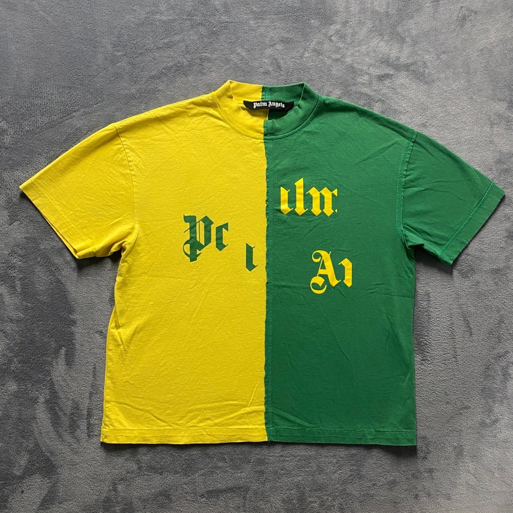 Palm Angels T-Shirt Mens Large Yellow Green Broken‎ Logo Two-Tone Split 2022